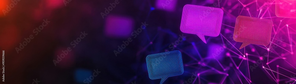 Poster colorful speech bubbles on a digital background symbolize communication and connection in the modern