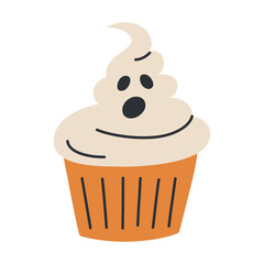 Vector illustration of cartoon style ghostly muffin for Halloween parties and designs. Cute and spooky cupcake with a white icing ghost face, decoration idea for a gothic horror themed celebrations