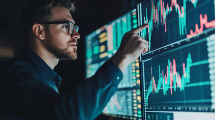 Businessman pointing at stock market trends on a computer screen modern portrait financial background analysis
