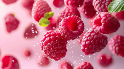 Vibrant raspberries floating gracefully against a soft pink background, perfect for culinary and health-related visuals..