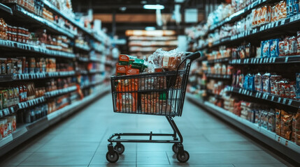 A sleek shopping cart filled with groceries in a modern supermarket aisle