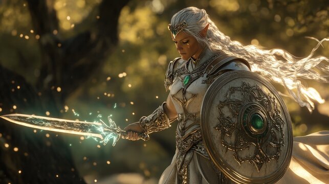 A female elf warrior in white armor, wielding a glowing sword and shield, stands in a forest clearing.