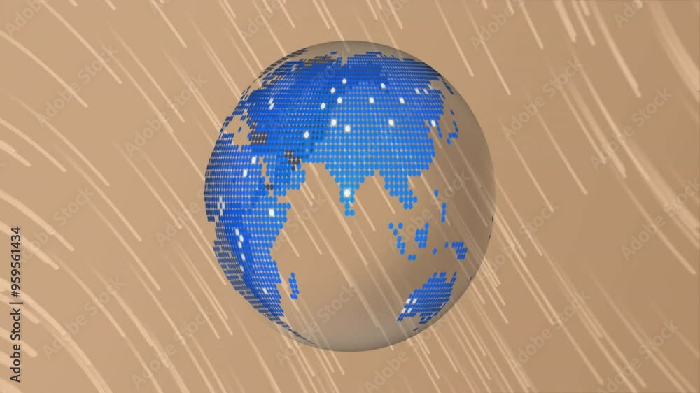Poster rotating globe with blue continents and falling lines animation