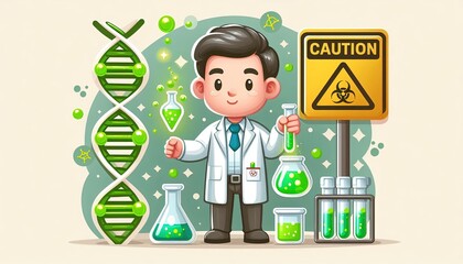 Cute Cartoon Scientist Holding a Test Tube in a Laboratory with a Caution Sign.