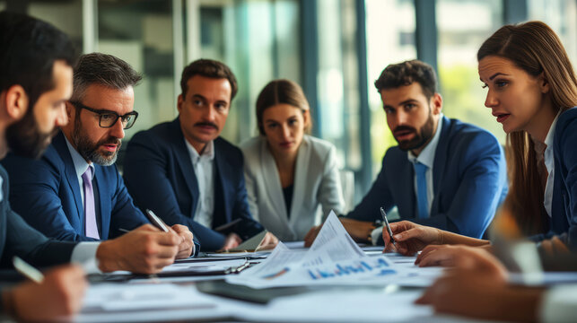 Business Team Collaborating On A Project, Analyzing Data And Discussing Strategies.