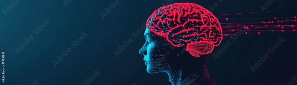 Poster digital illustration of a human head with a glowing brain, showcasing concepts of artificial intelli
