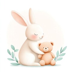 Obraz premium A friendly bunny cuddling a small teddy bear, animal element, flat design illustration, warm tones,