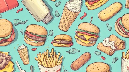 Seamless pattern with a blue background, full of delicious fast food items like burgers, fries, and ice cream cones.