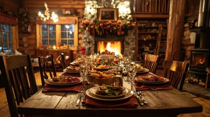 Cozy Cabin Dinner Table with Fireplace.