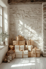 gift boxes stand on a white floor against a white wall