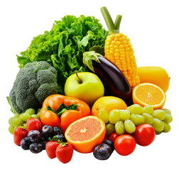 Fresh assortment of colorful vegetables and fruits, cut out - stock png. © Mr. Stocker
