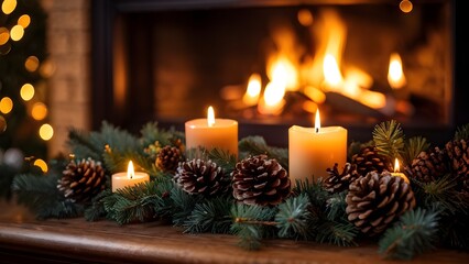 A cozy fireplace mantle decorated with pine cones, garlands, and lit candles