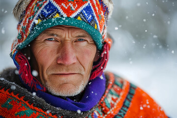 Portrait of a Sami reindeer herder in traditional dress, Scandinavia