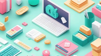 Colorful 3D objects on a green background.