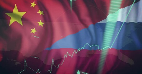 Financial data processing animation over Chinese and Russian flags - Powered by Adobe