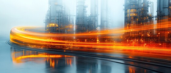 Industrial Complex with Light Trails and Reflections