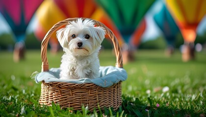 A small white dog sits in the basket of a hot air balloon, surrounded by colorful balloons flying over a green lawn. The photo was taken outdoors with natural light and bright cute puppy in a basket