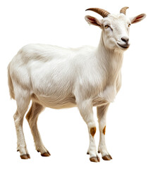 Obraz premium White goat standing peacefully in a sunny meadow, cut out - stock png.