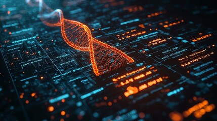 A glowing DNA helix sits atop a digital circuit board, representing the intersection of biology and technology.