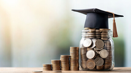 Scholarship concept. Coins and graduation cap on grey table against blurred background