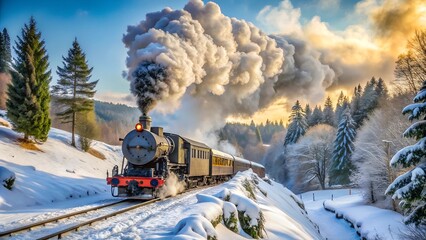 Obraz premium Steam train ride in winter snow travel scene