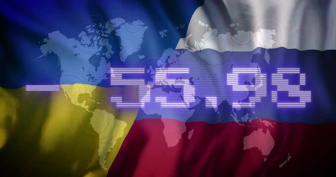 Digital numbers animation over Ukraine and Russia flags with world map background