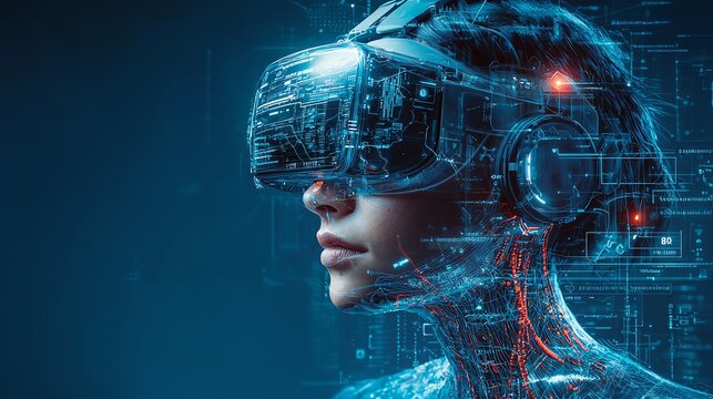 A person wearing a VR headset with their face partially obscured by digital circuits. The image suggests the merging of technology and humanity.