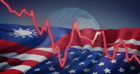 Earth and fluctuating graph animation over American flag - Powered by Adobe