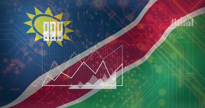 Namibia flag with financial data charts and circuit board animation