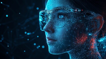 A woman's face is made of digital particles, she wears futuristic glasses and stares intensely.  A futuristic concept of digital identity.