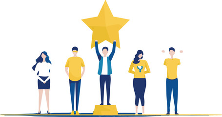 
Professional or expert who success and win award best office employee or specialist with skills to achieve goal concept success businessman and businesswoman professional stand with star award