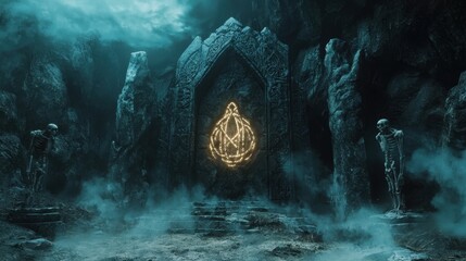 Mystical Stone Gateway with Skeletons and Glowing Symbol.