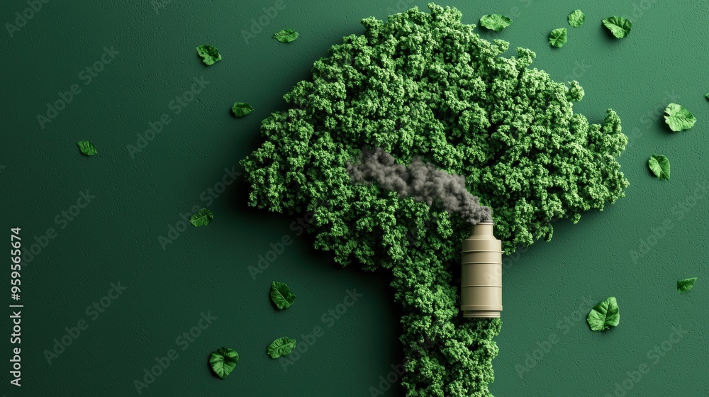Poster a tree with a smoke stack on top of it