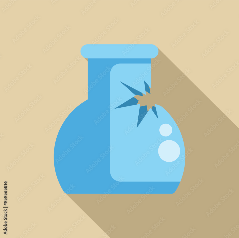 Poster blue chemical flask with long shadow and a crack on its side, representing a failed experiment
