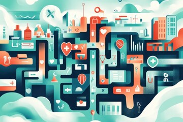An artistic interpretation of a healthcare maze with pathways leading to various health services, illustrating the journey individuals take to access care under the Affordable Care Act.