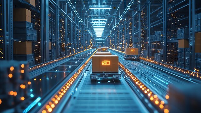 Automated conveyor belt system in a modern warehouse with boxes moving on tracks.