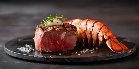  a steak with a crab on top, placed on a black plate on a table.
