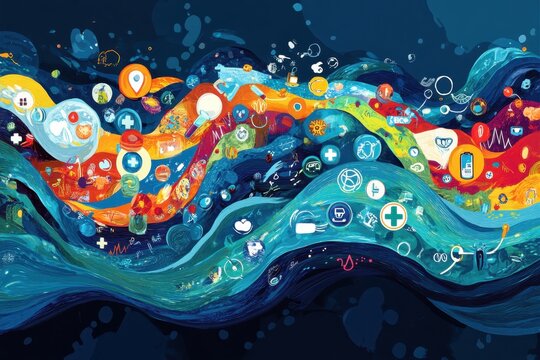 An artistic representation of waves flowing with healthcare symbols, symbolizing the dynamic nature of healthcare access and delivery.