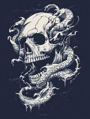 A detailed illustration of a human skull entwined by a serpent on a blue background.