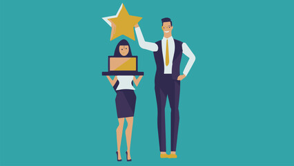 
Professional or expert who success and win award best office employee or specialist with skills to achieve goal concept success businessman and businesswoman professional stand with star award