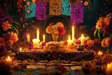 Day of the Dead Altar with Candles and Flowers.