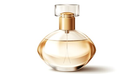 Elegant golden perfume bottle made of transparent glass, front view, isolated on a clean white background, perfect for luxury, beauty, and fragrance product concepts in high definition
