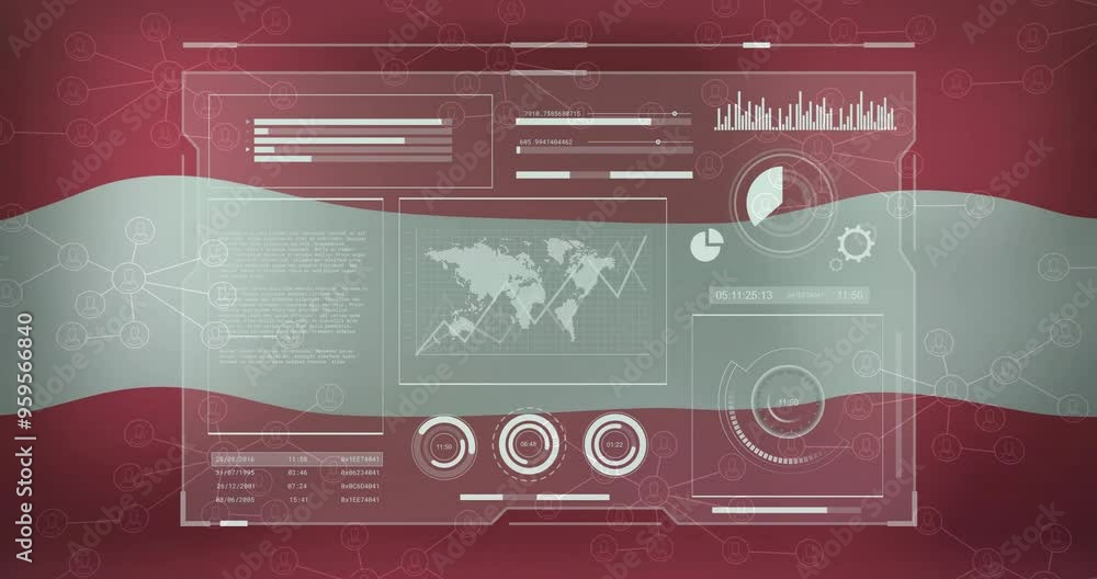 Poster digital dashboard with graphs and world map animation over flag of austria