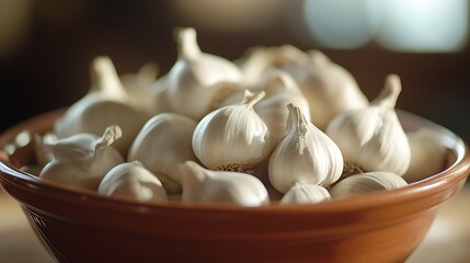 Rustic Garlic in Ceramic Dish on Natural White Background