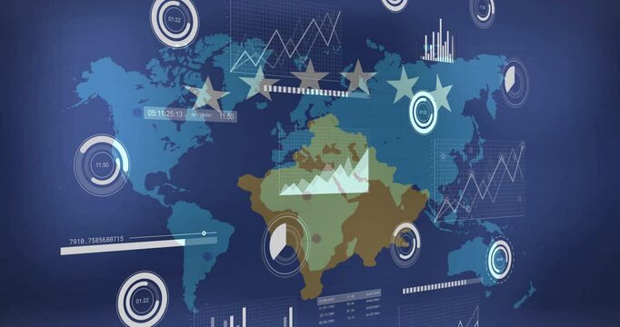 World map with data charts and graphs animation over flag of Kosovo