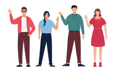 Obraz premium Young people waving hand collection. Teamwork, cooperation, friendship concept, patnership. Vector illustration.
