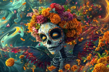 Sugar Skull with Marigold Flower Wreath and Wings.