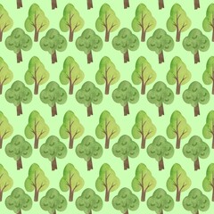watercolor forest seamless pattern with trees on green background. hand drawn print for packaging paper, fabrics, wrapping gifts, scrapbook