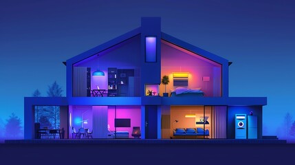 Modern smart home with colorful lighting interior design for comfort automation living efficiency and advanced home technology concept.