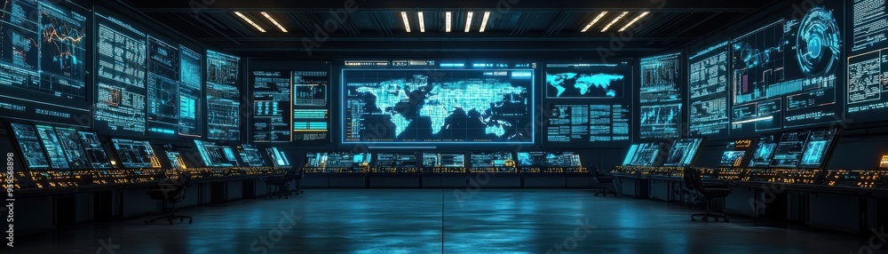 Poster futuristic control room with advanced technology, screens displaying data, and a modern design ideal